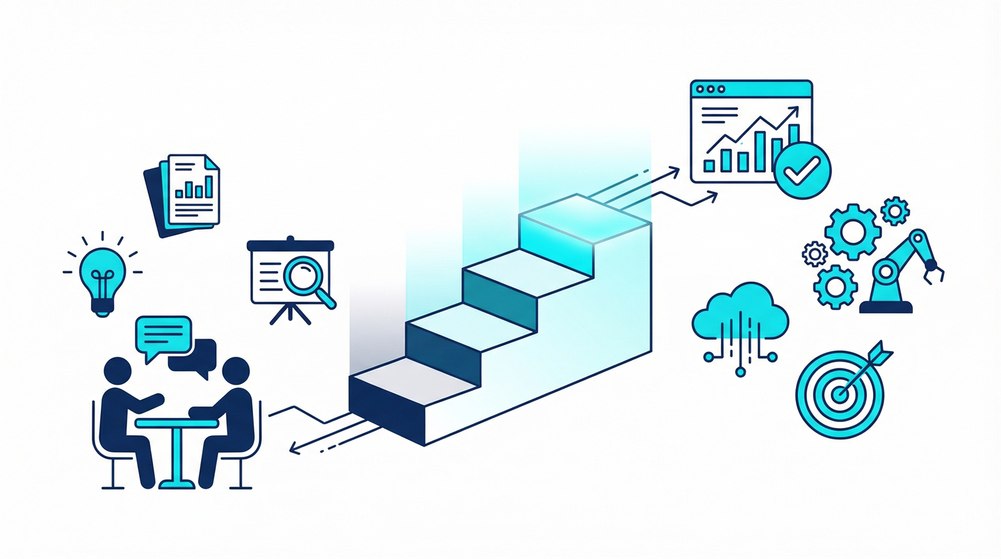 AI導入の最初の30日を、準備・設計・運用・定着の流れで示したコンサル向けイメージ図